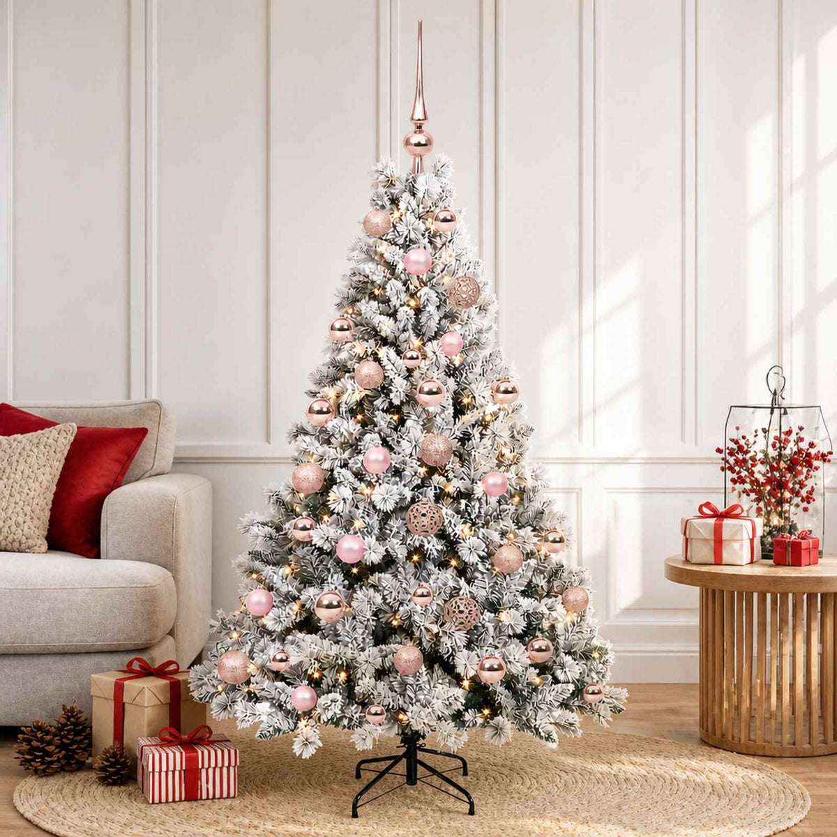 Artificial Christmas Tree with Bauble 150 LEDs Green and White with LEDs & pink balls