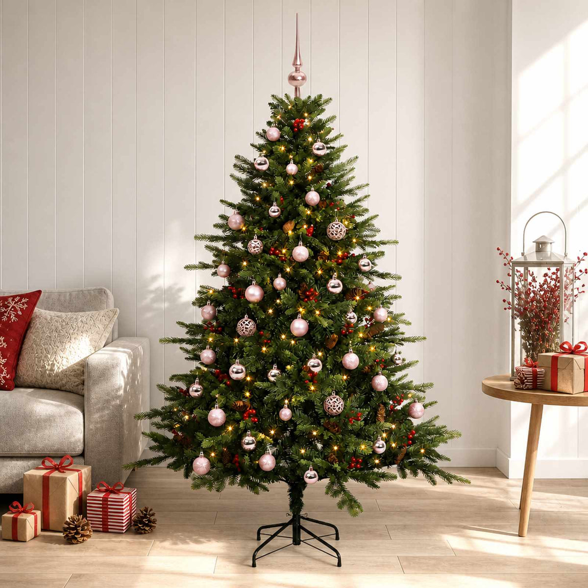 Artificial Christmas Tree with Bauble 150 LEDs Green 120 cm with LEDs & pink balls
