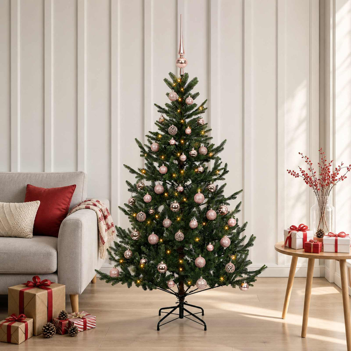 Artificial Christmas Tree with Bauble 150 LEDs Green 120 cm with LEDs & pink balls