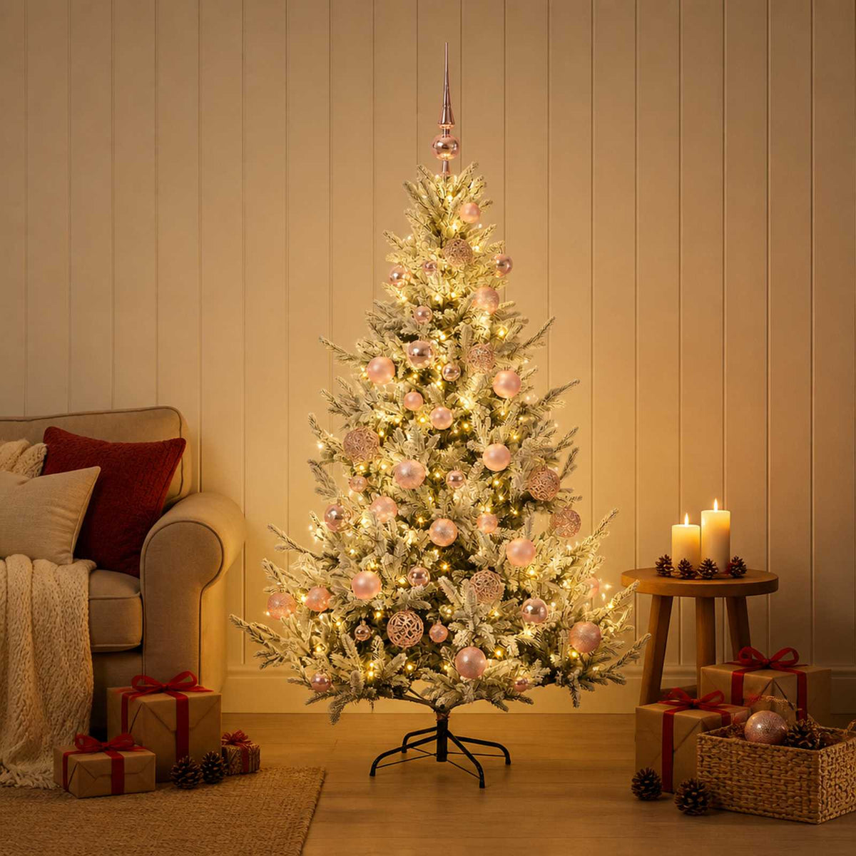 Artificial Christmas Tree with Bauble 150 LEDs Green and White 150 cm with LEDs & pink balls