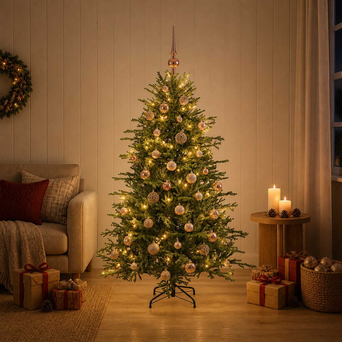 Artificial Christmas Tree with Bauble 150 LEDs 120 cm with LEDs & pink balls