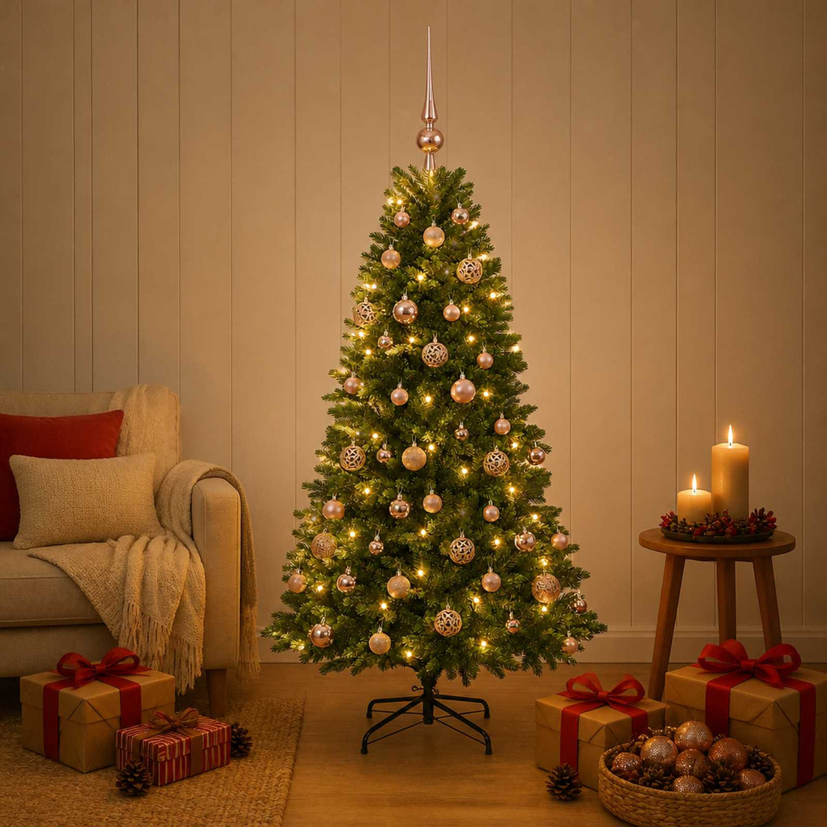 Artificial Christmas Tree with Bauble 150 LEDs 150 cm with LEDs & pink balls
