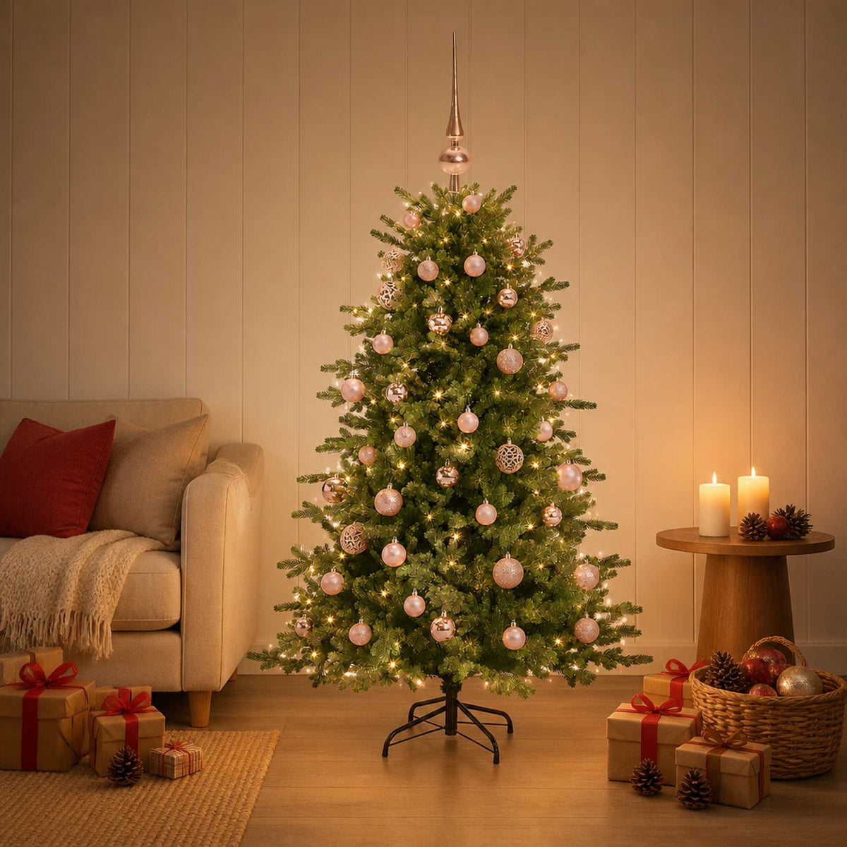 Artificial Christmas Tree with Bauble 150 LEDs 120 cm with LEDs & pink balls