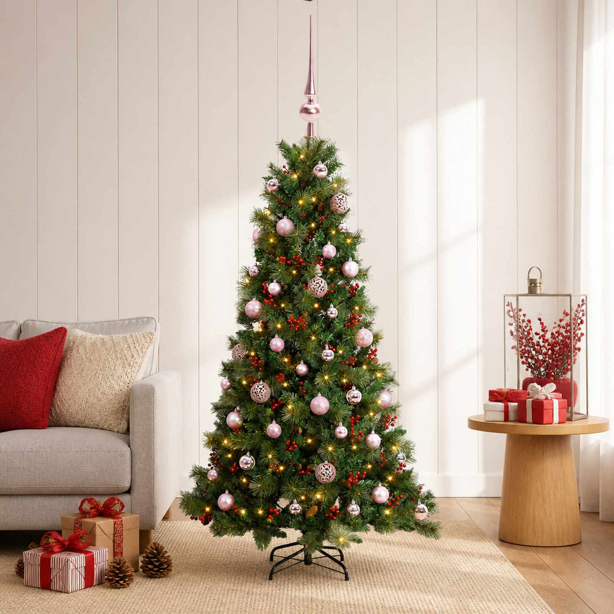 Artificial Christmas Tree with Bauble 150 LEDs 120 cm with LEDs & pink balls