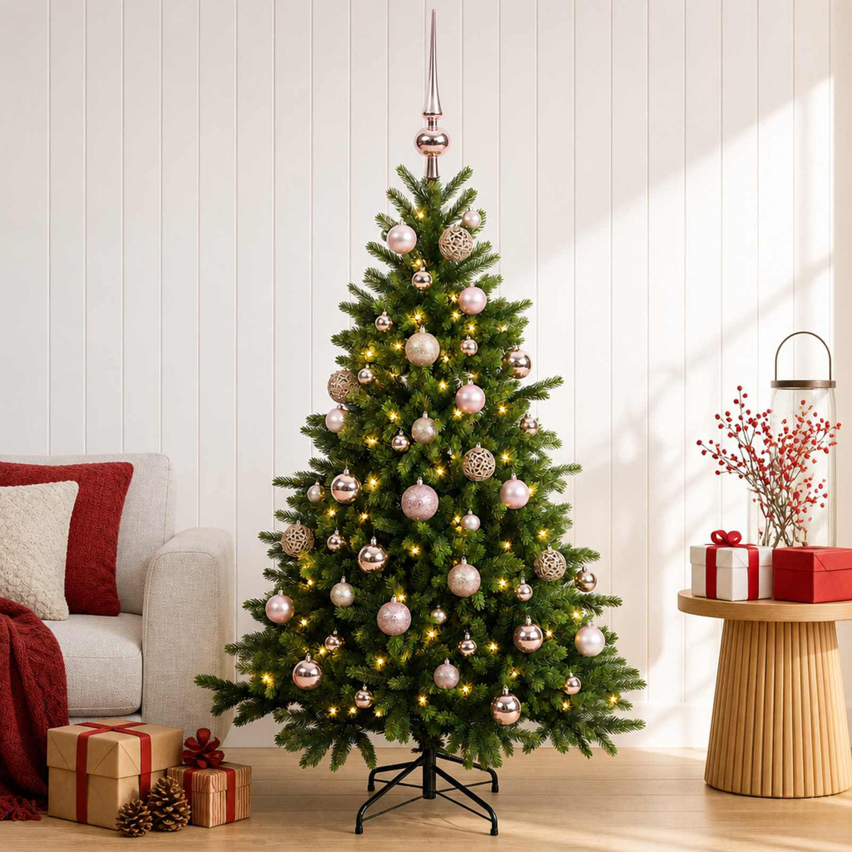 Artificial Christmas Tree with Bauble 150 LEDs 150 cm with LEDs & pink balls