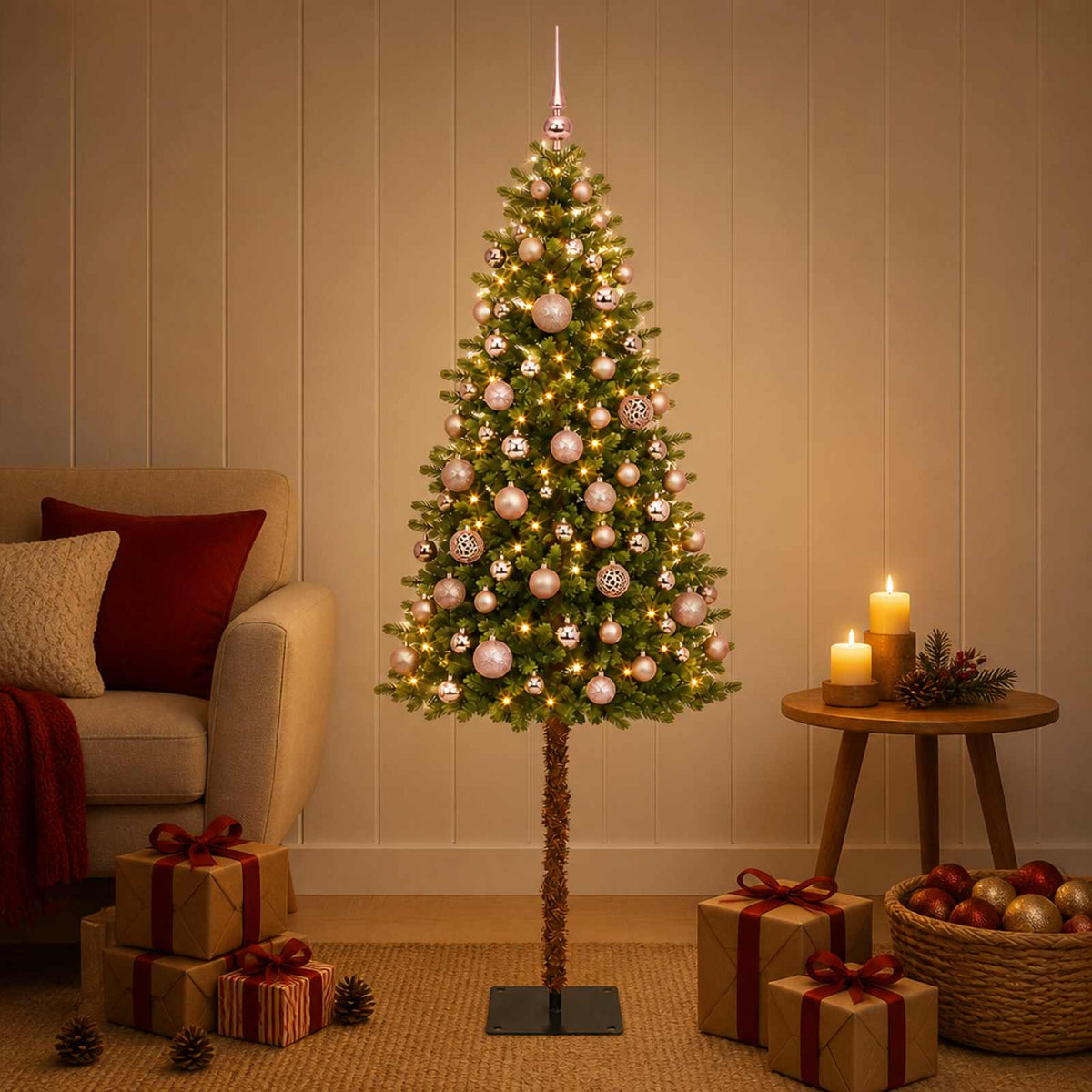 Artificial Christmas Tree with Bauble 150 LEDs Green 180 cm with LEDs & pink balls