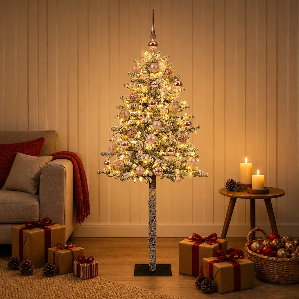 Artificial Christmas Tree with Bauble 150 LEDs Green and white 120 cm with LEDs & pink balls