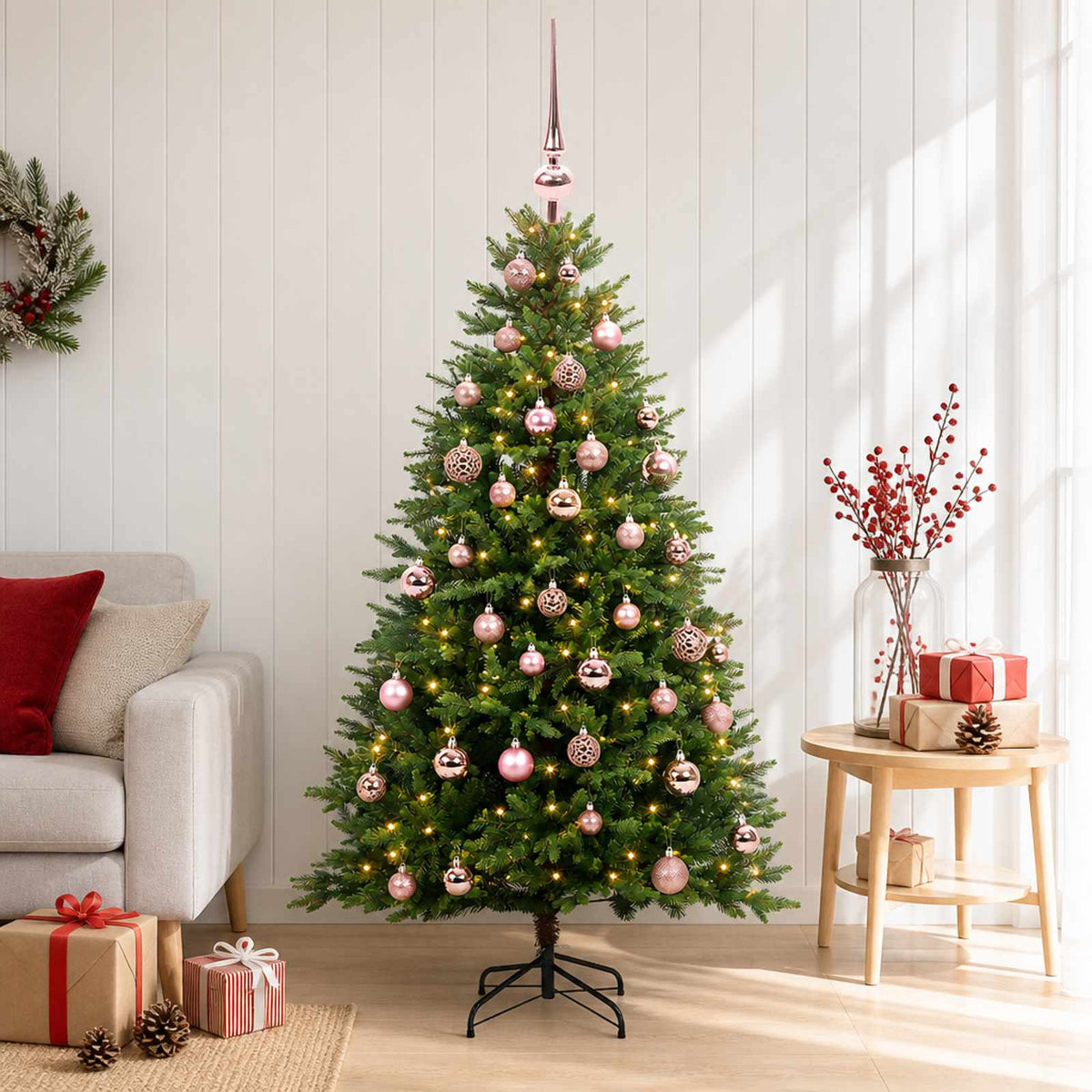 Artificial Christmas Tree with Bauble 150 LEDs Green 120 cm with LEDs & pink balls