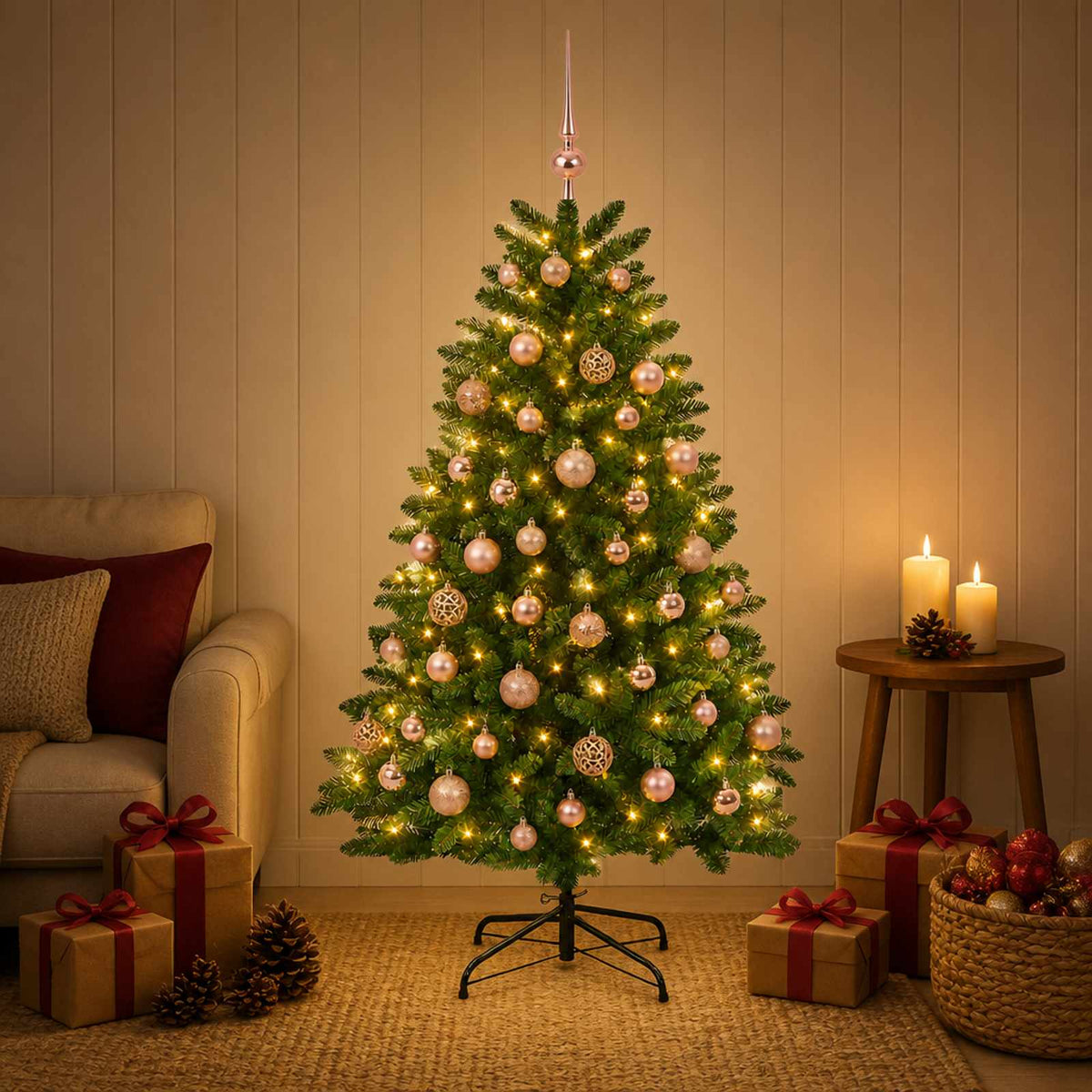 Artificial Christmas Tree Mid-green with Bauble 180 cm 300 LEDs Medium Green Ø 90 x 180 cm with 300 LEDs&pink balls