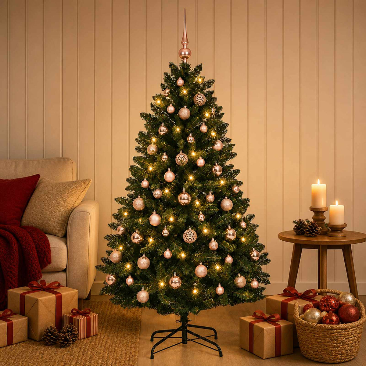 Artificial Christmas Tree with Bauble 150 cm Dark Green Ø 80 x 150 cm with 150 LEDs&pink balls