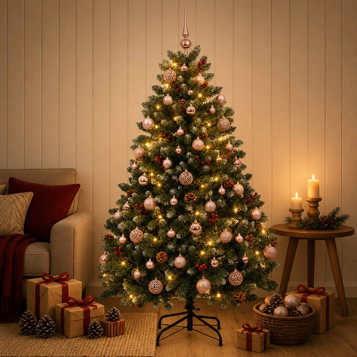 Artificial Christmas Tree Green with Bauble 150 cm 150 LEDs Green with Frosted Tips Ø 80 x 150 cm with 150 LEDs&pink balls