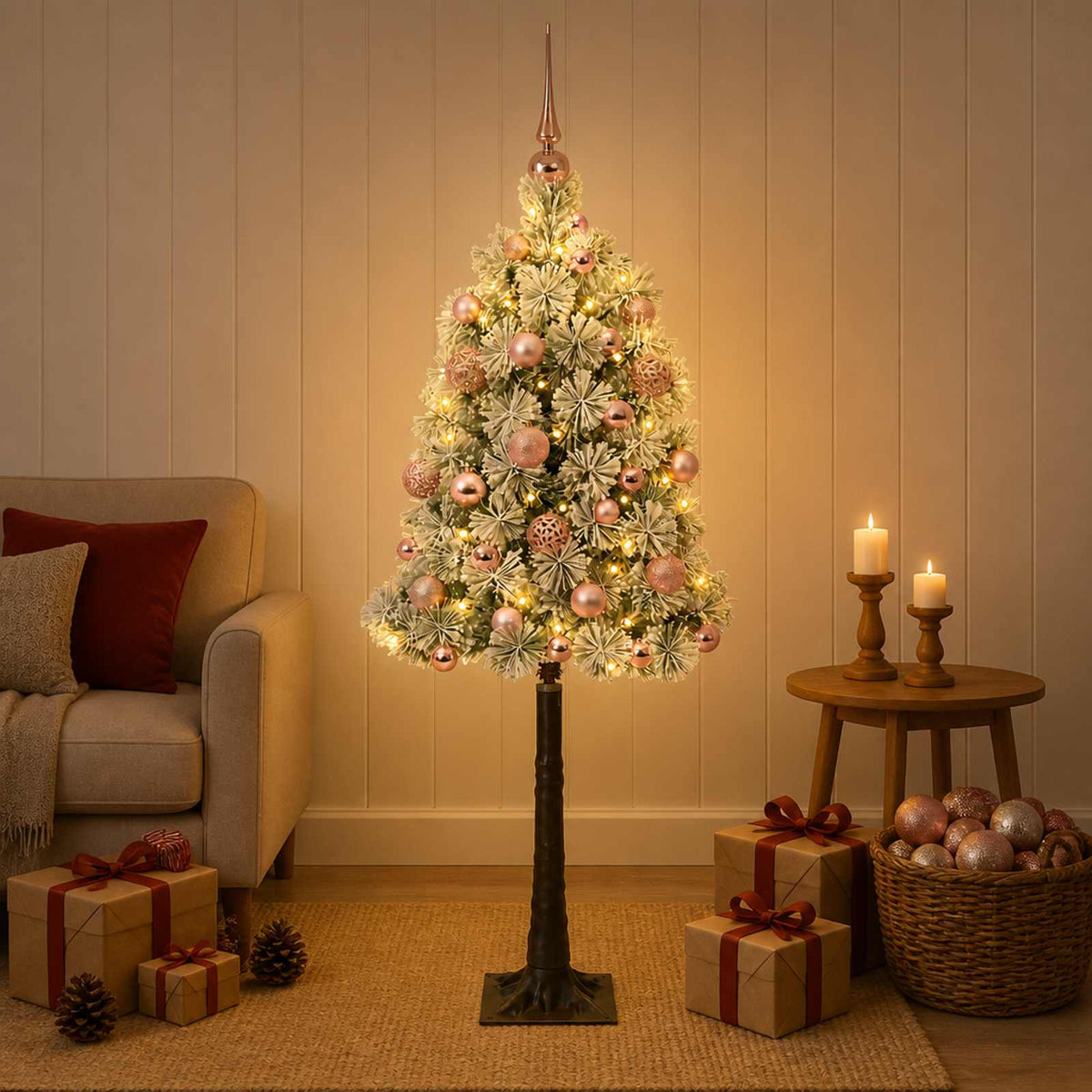 Artificial Hinged Christmas Tree with Baubles 150 LEDs Green and white 120 cm with LEDs & pink balls