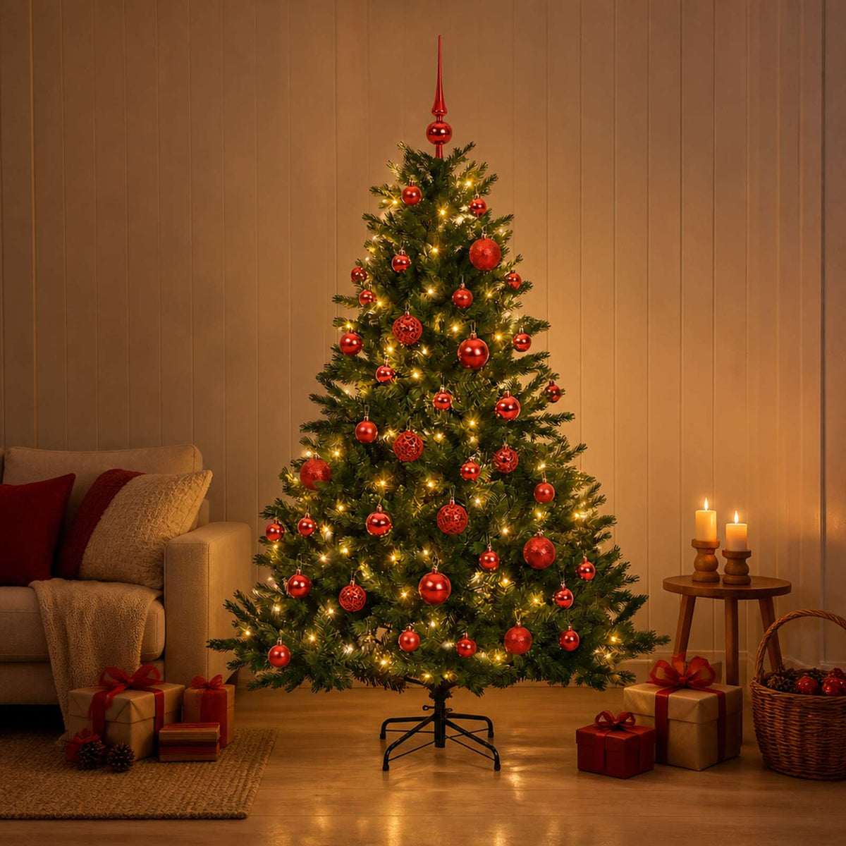 Artificial Christmas Tree with Bauble 150 LEDs Green with LEDs & red balls