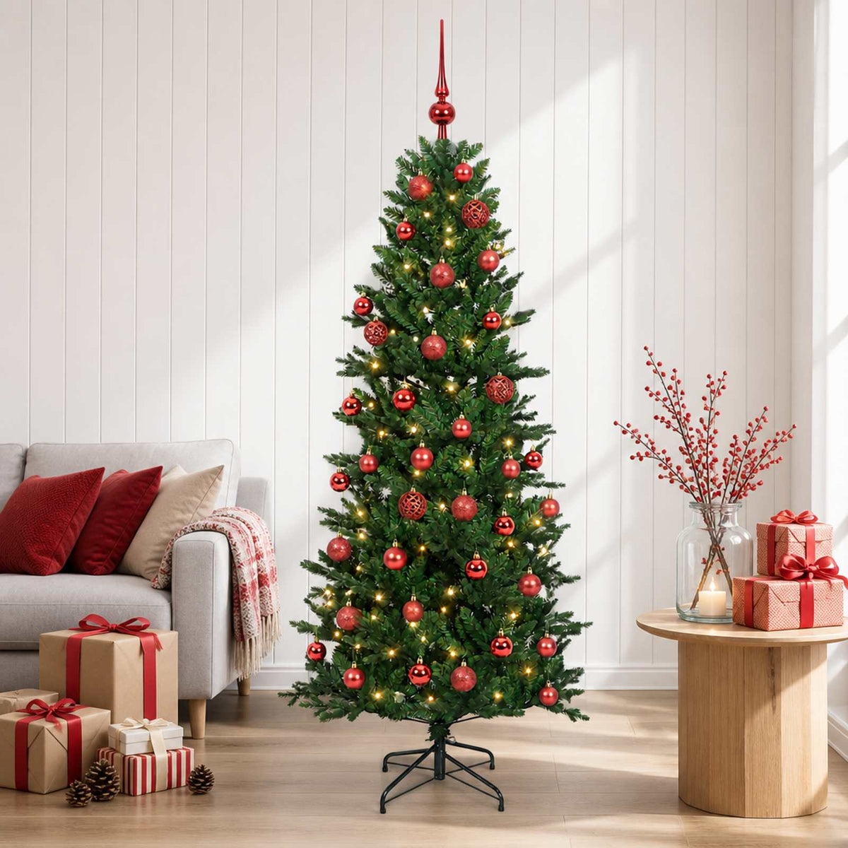 Artificial Christmas Tree with Bauble 150 LEDs Green with LEDs & red balls