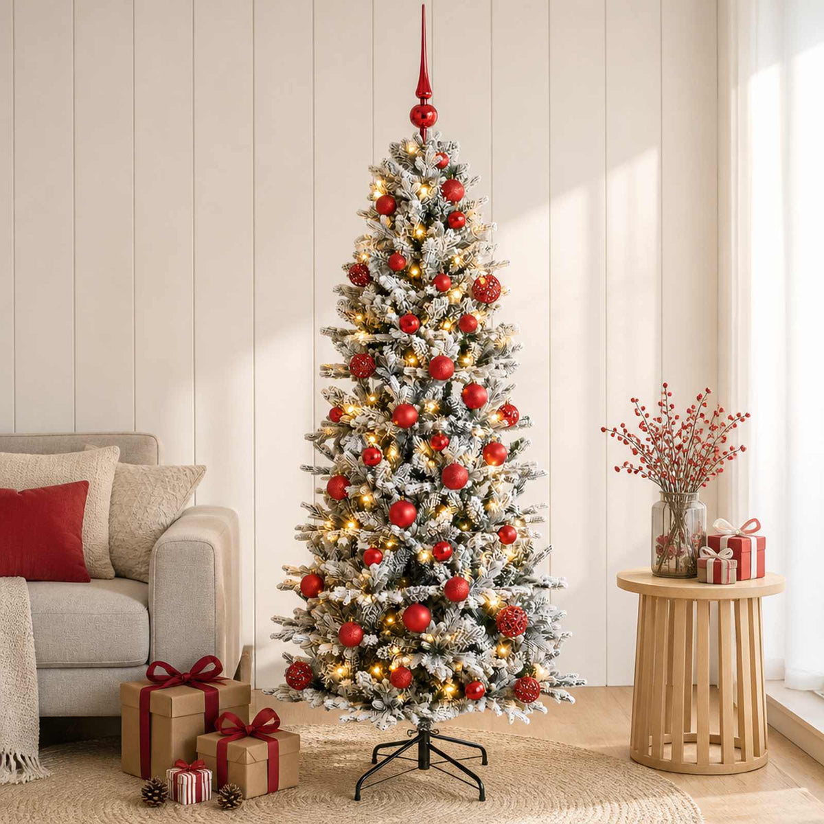 Artificial Christmas Tree with Bauble 150 LEDs Green and White Height 120 cm with LEDs & red balls