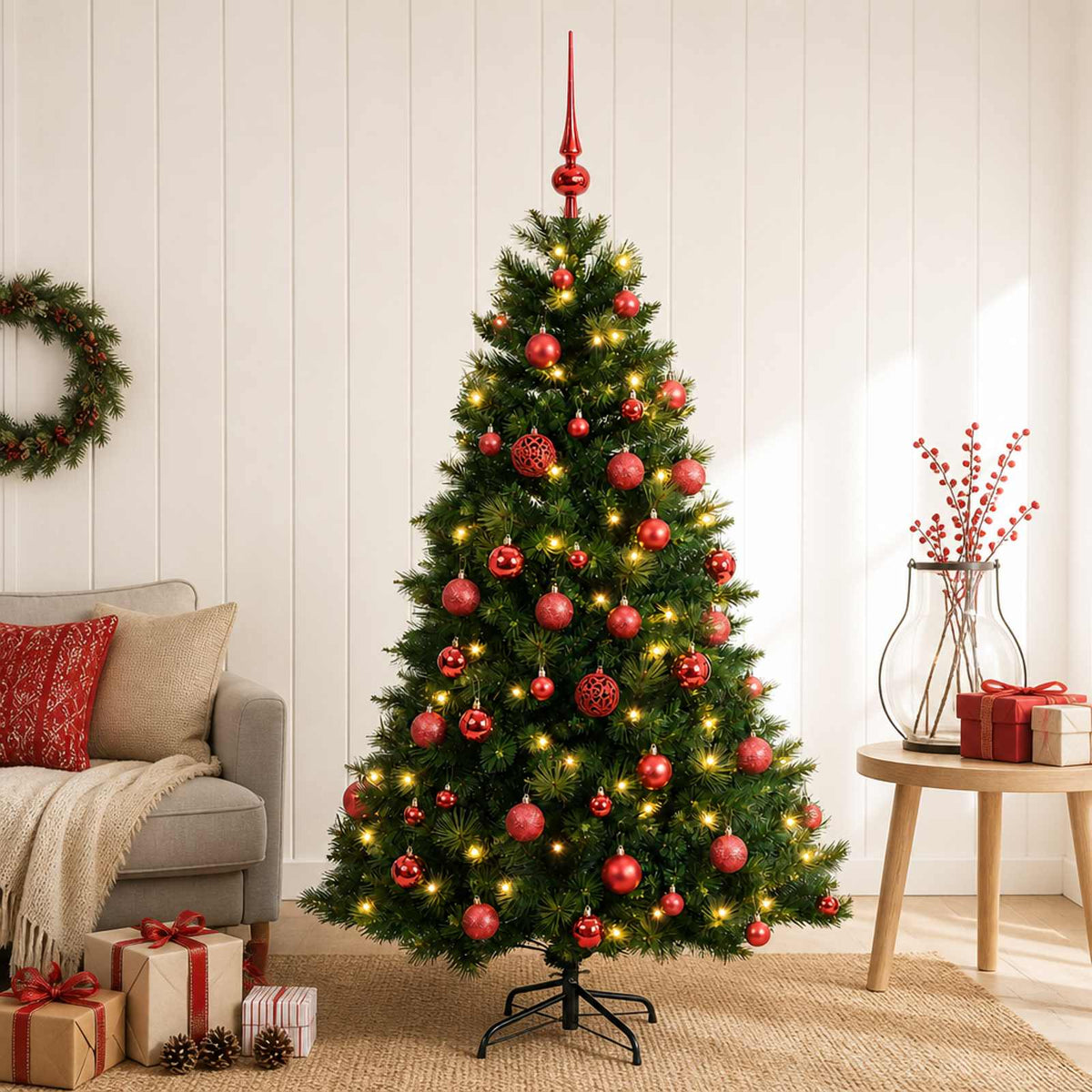 Artificial Christmas Tree with Bauble 150 LEDs Green Height 120 cm with LEDs & red balls