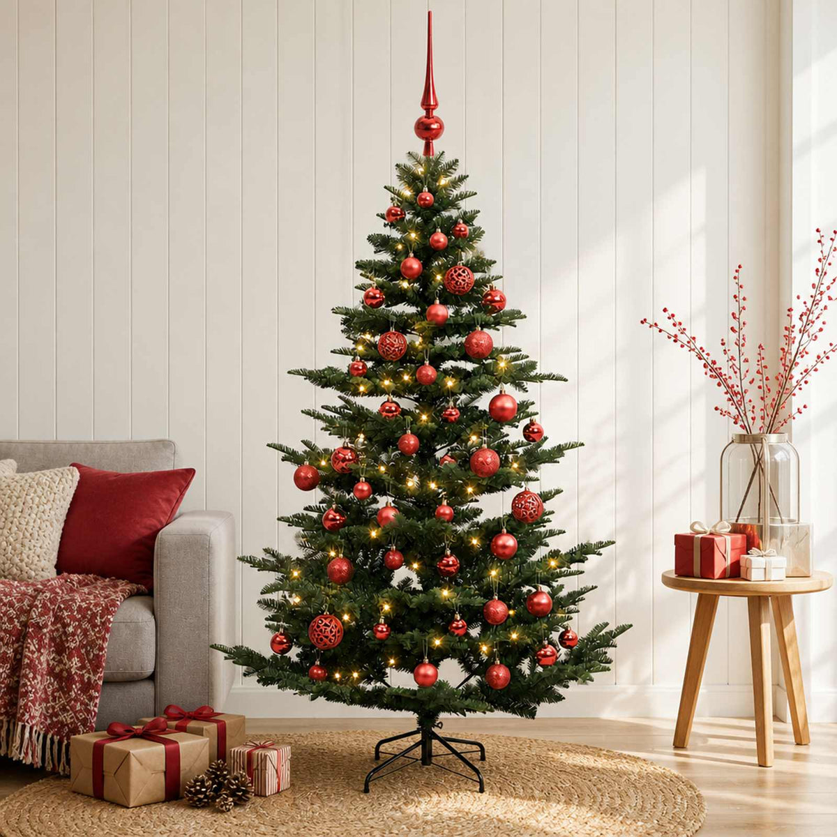 Artificial Christmas Tree with Bauble 150 LEDs Green Height 120 cm with LEDs & red balls