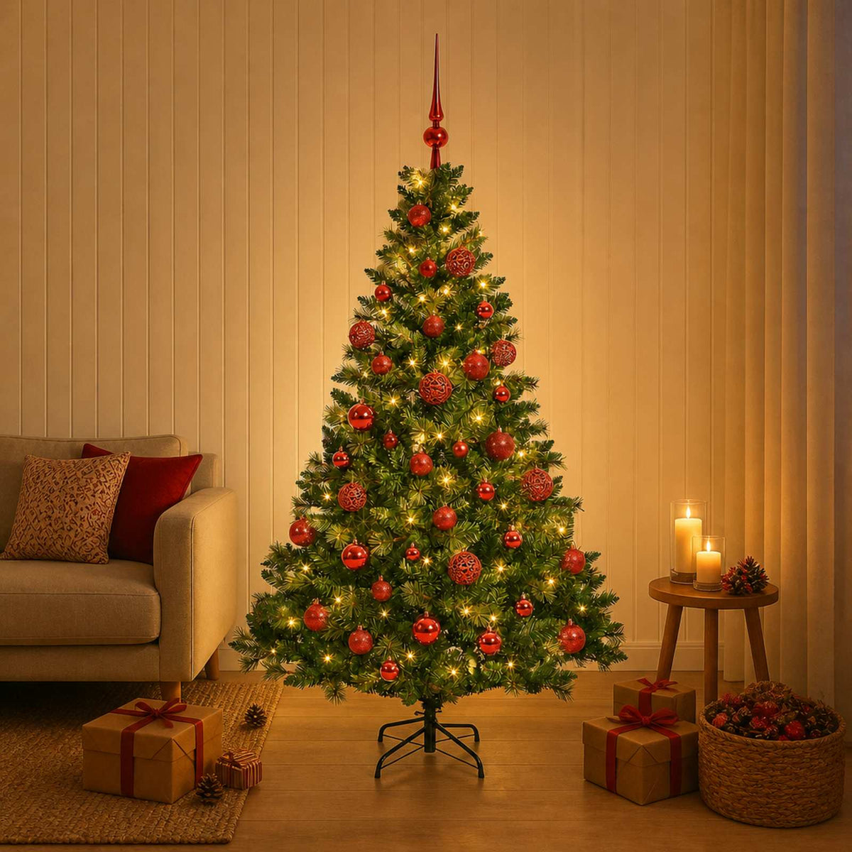 Artificial Christmas Tree with Bauble 150 LEDs Green with LEDs & red balls