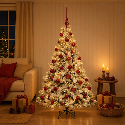 Artificial Christmas Tree with Bauble 150 LEDs Green and White with LEDs & red balls