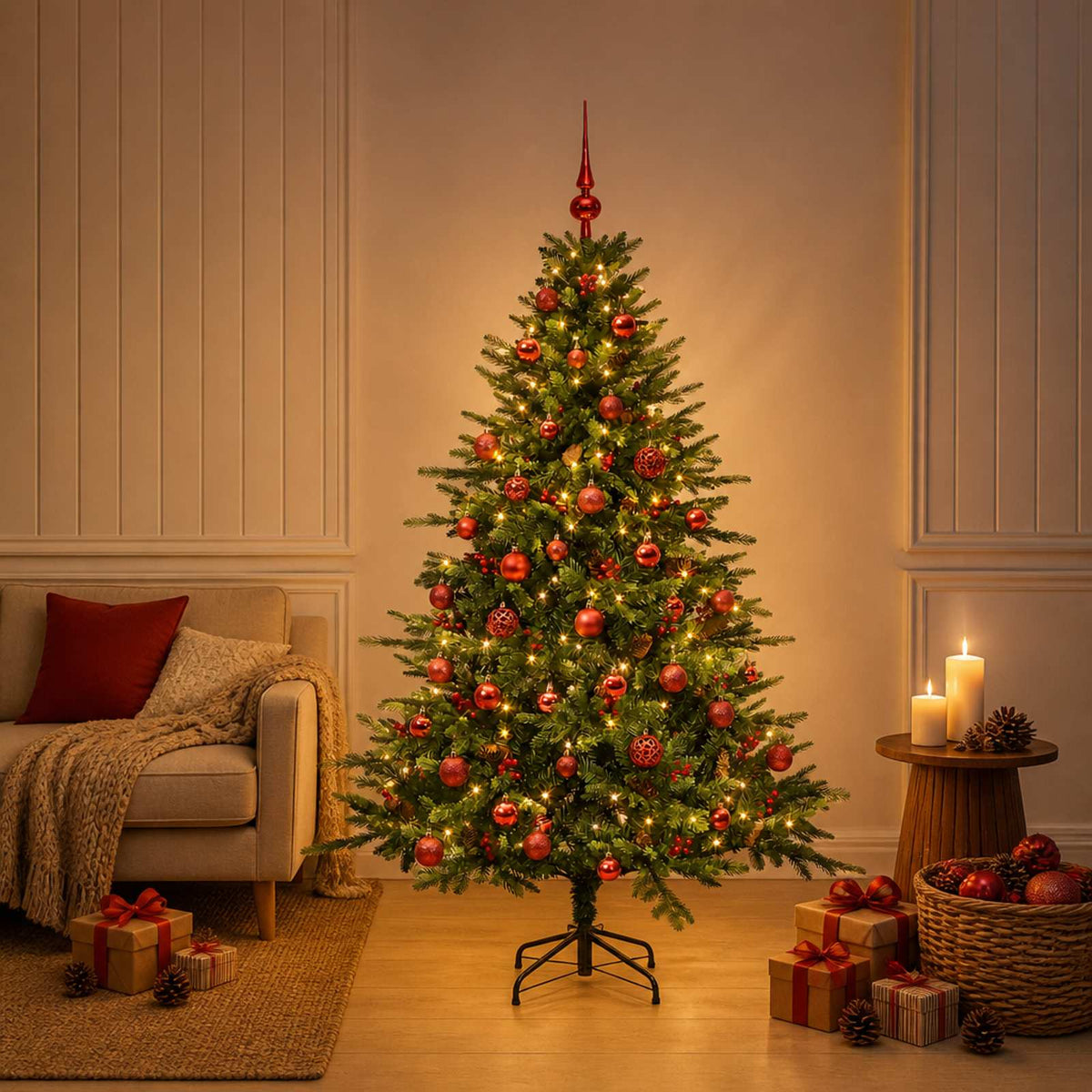 Artificial Christmas Tree with Bauble 150 LEDs Green 150 cm with LEDs & red balls