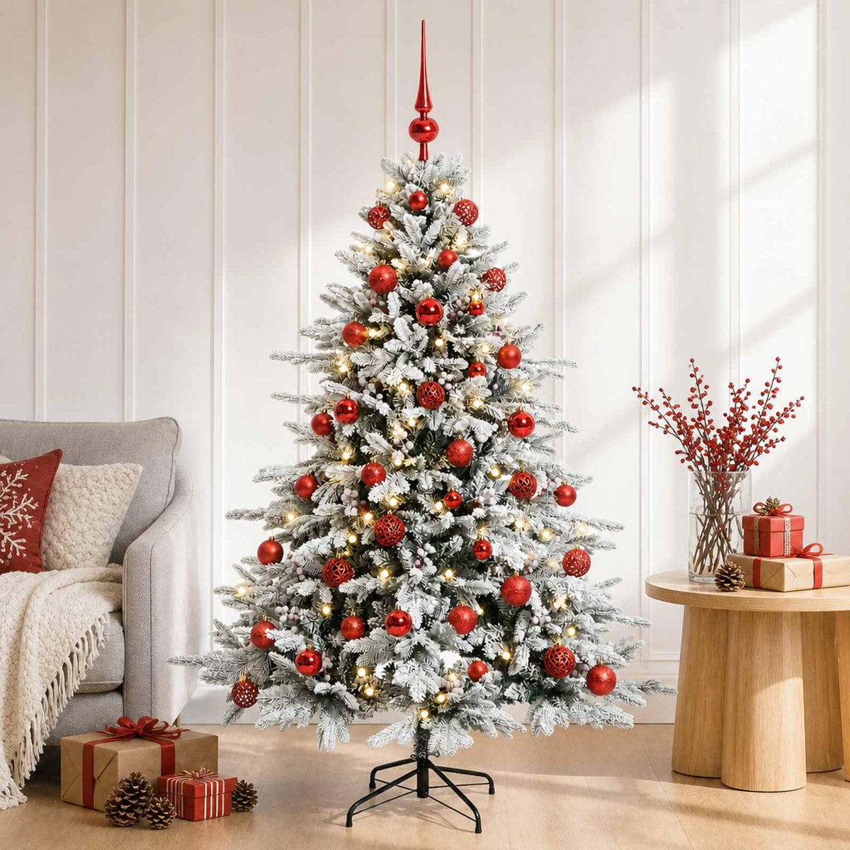 Artificial Christmas Tree with Bauble 150 LEDs Green and White 150 cm with LEDs & red balls