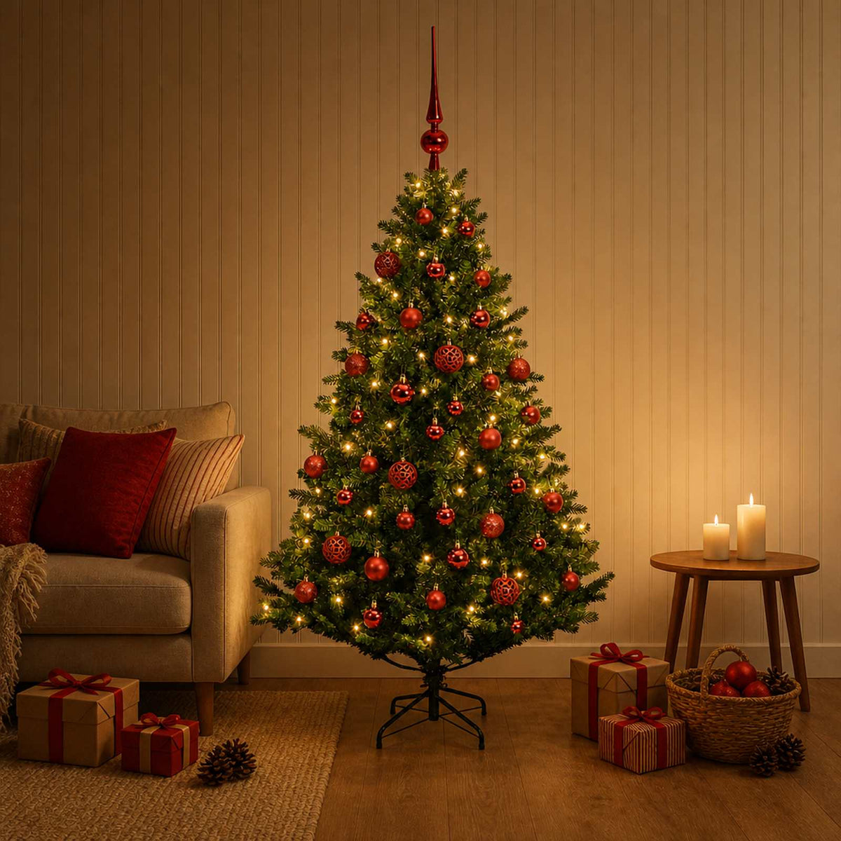 Artificial Christmas Tree with Bauble 150 LEDs Green 120 cm with LEDs & red balls
