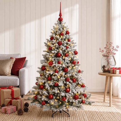 Artificial Christmas Tree with Bauble 150 LEDs Green and White 120 cm with LEDs & red balls