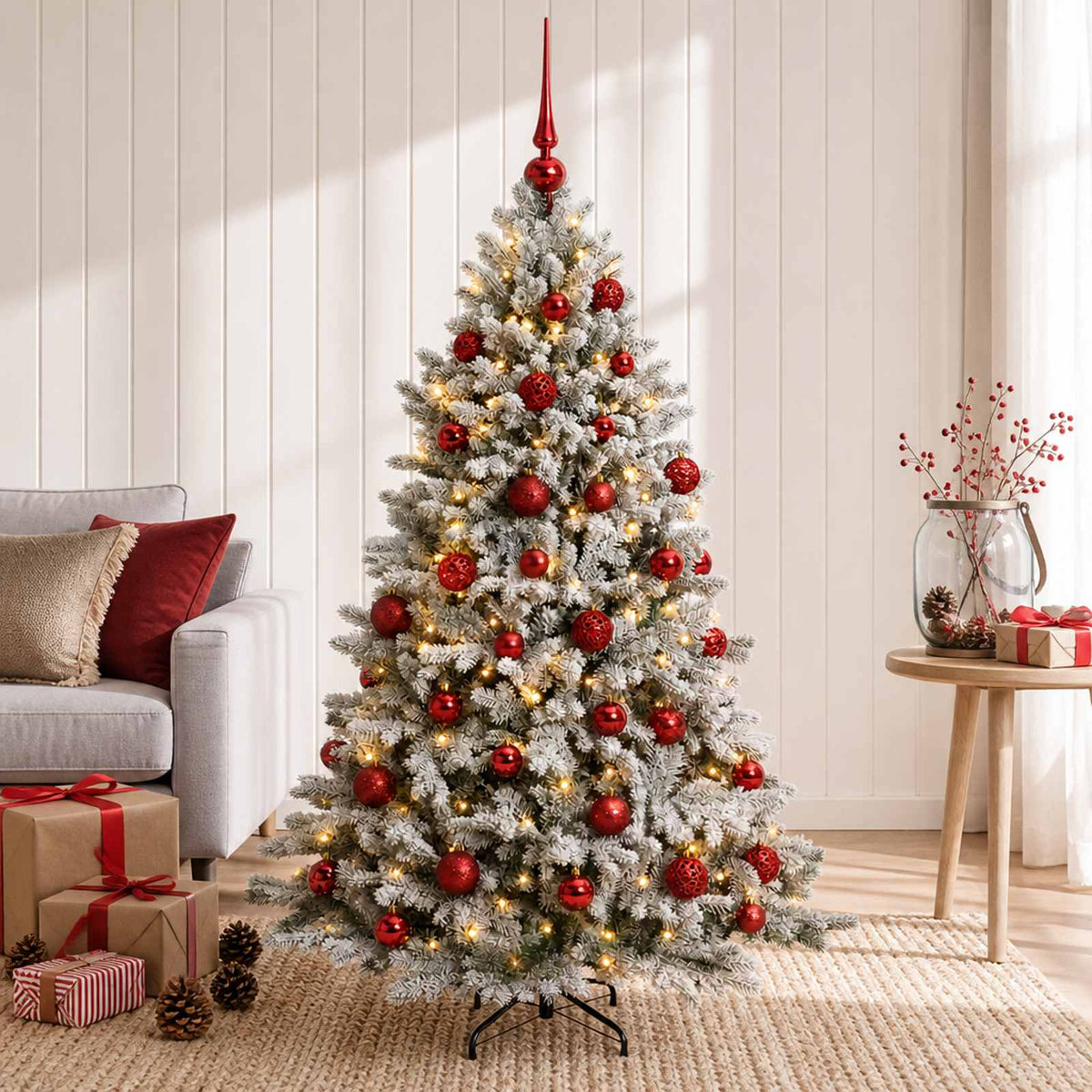 Artificial Christmas Tree with Bauble 150 LEDs Green and White 150 cm with LEDs & red balls
