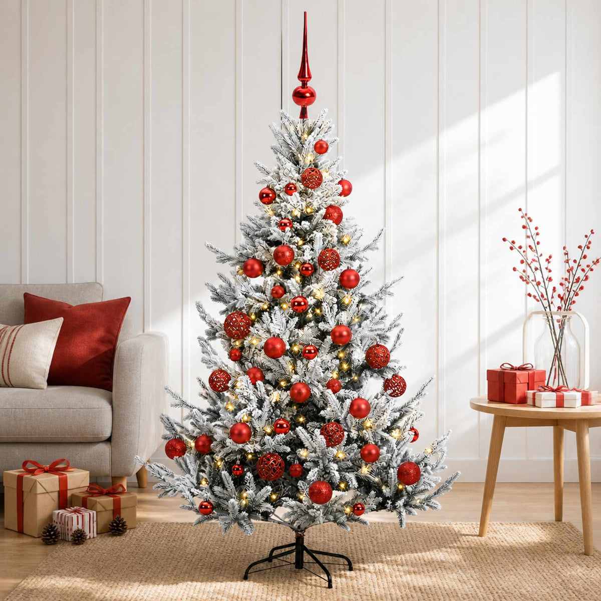 Artificial Christmas Tree with Bauble 150 LEDs Green and White 150 cm with LEDs & red balls