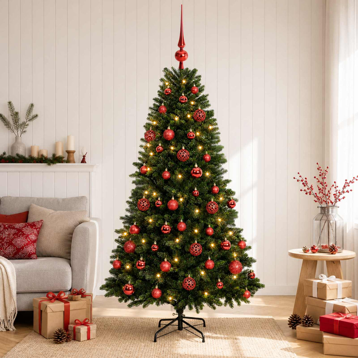 Artificial Christmas Tree with Bauble 150 LEDs 120 cm with LEDs & red balls
