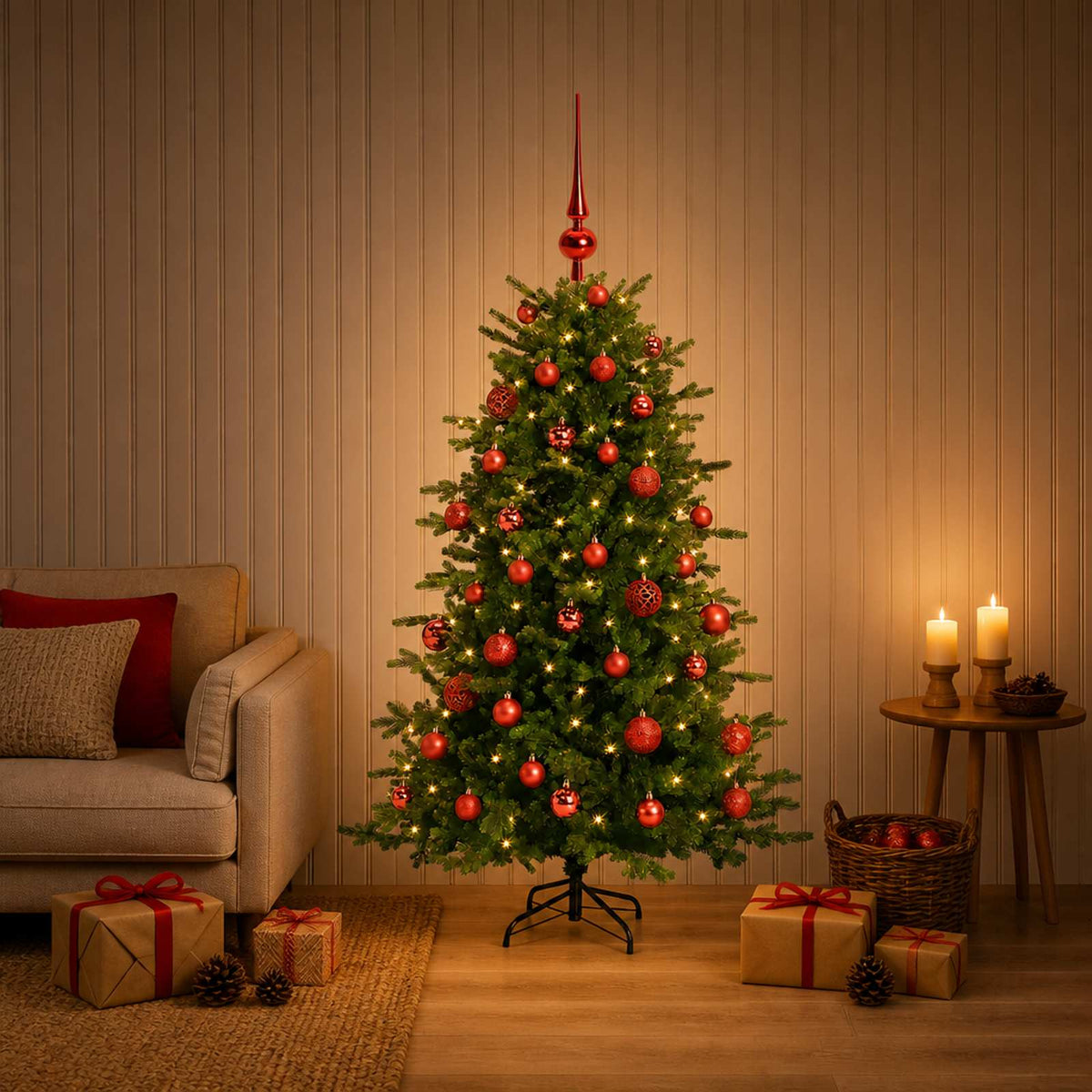Artificial Christmas Tree with Bauble 150 LEDs 120 cm with LEDs & red balls