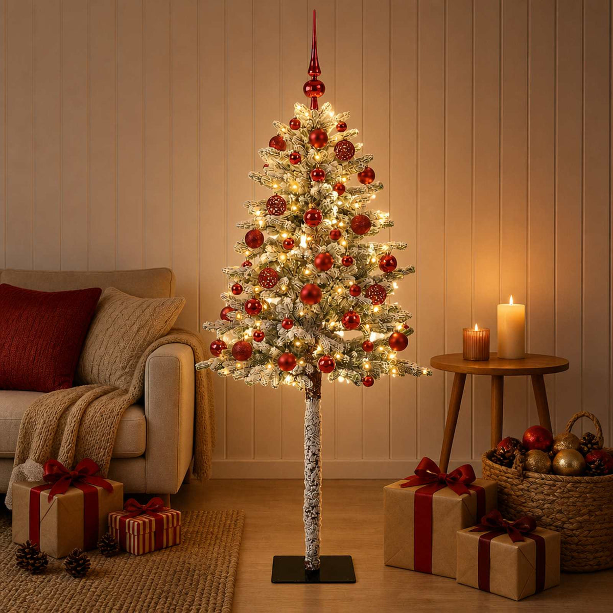 Artificial Christmas Tree with Bauble 150 LEDs Green and white 120 cm with LEDs & red balls