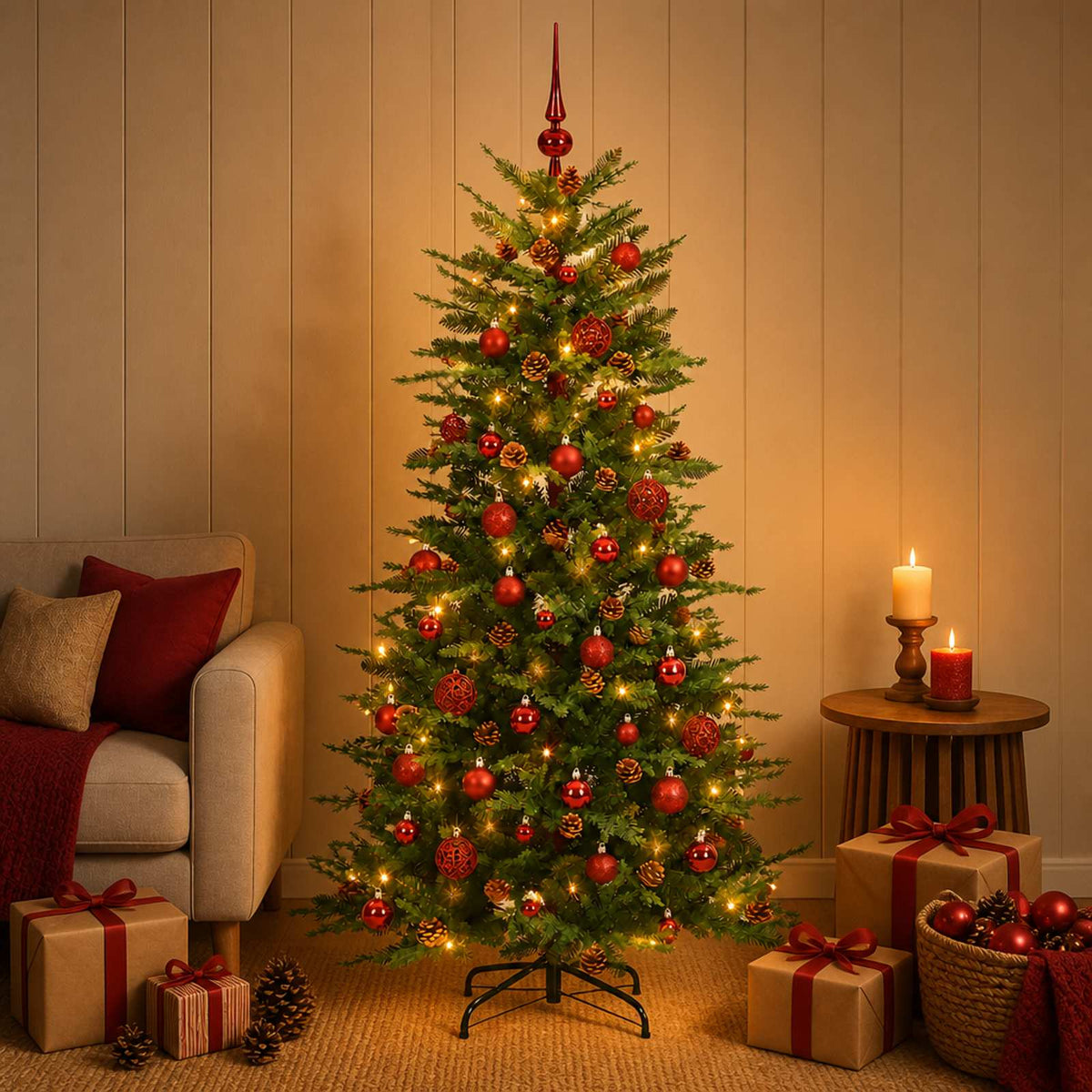 Artificial Hinged Christmas Tree 150 LEDs Warm White Green 120 cm with LEDs & red balls