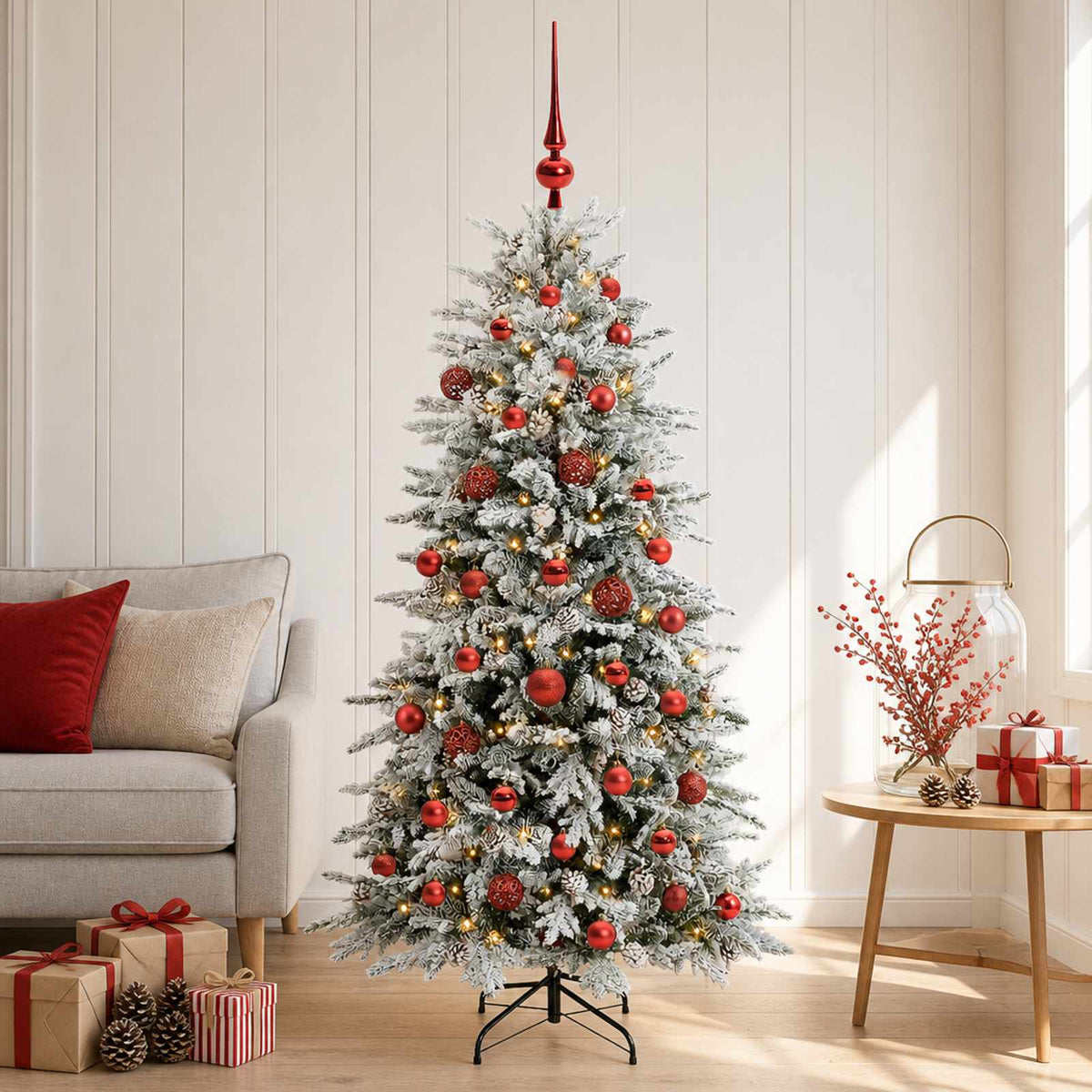 Artificial Hinged Christmas Tree 150 LEDs Warm White Green and White 120 cm with LEDs & red balls