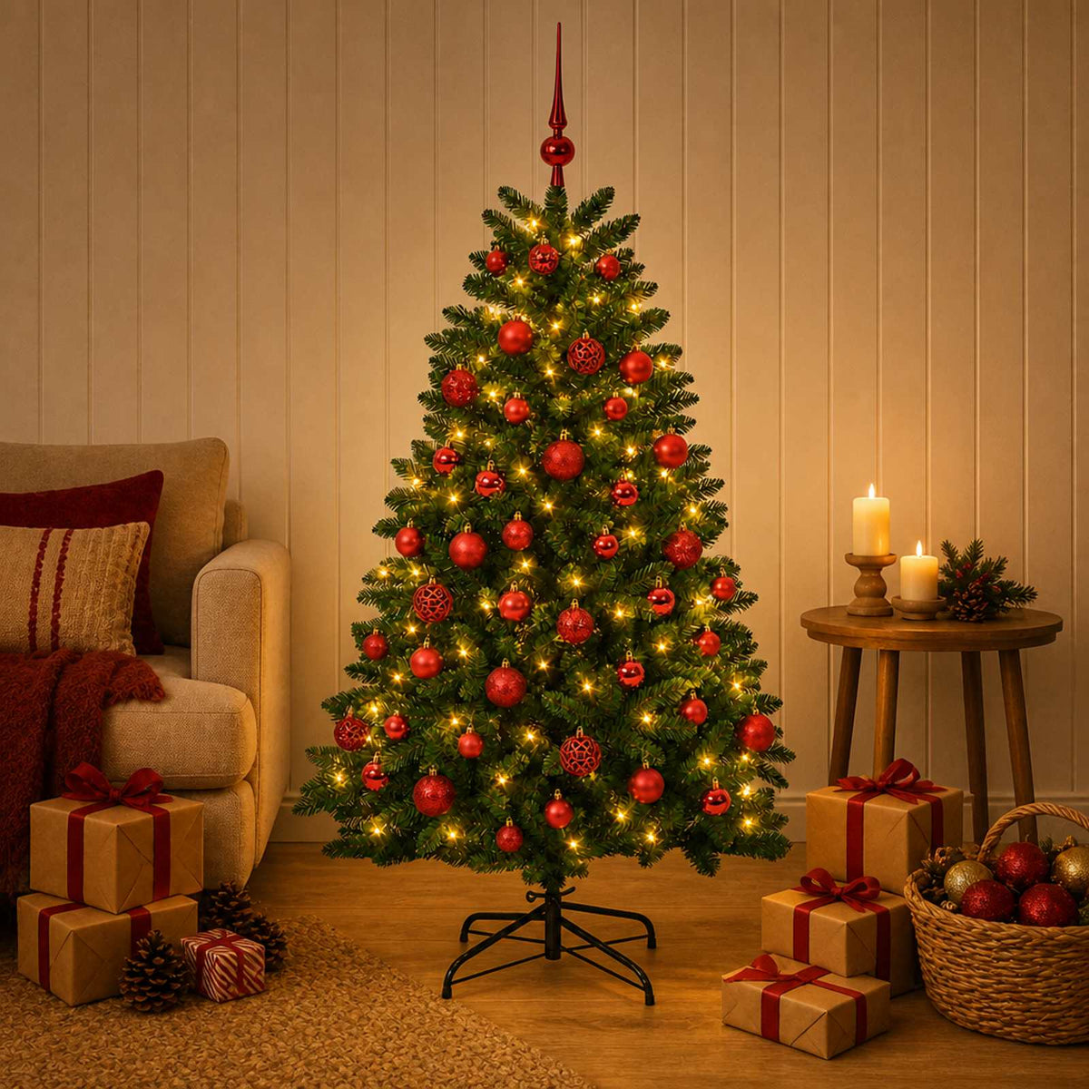 Artificial Christmas Tree Mid-green with Bauble 150 cm 150 LEDs Medium Green Ø 80 x 150 cm with 150 LEDs&red balls