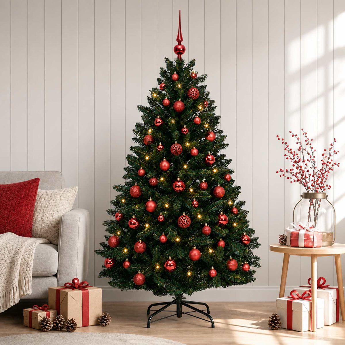 Artificial Christmas Tree with Bauble 150 cm Dark Green Ø 80 x 150 cm with 150 LEDs&red balls