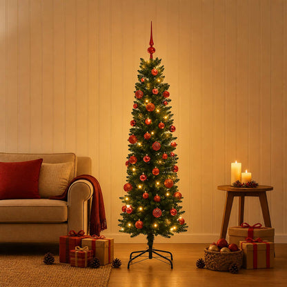 Artificial Slim Christmas Tree with Bauble 150 LEDs Green 120 cm with LEDs & red balls