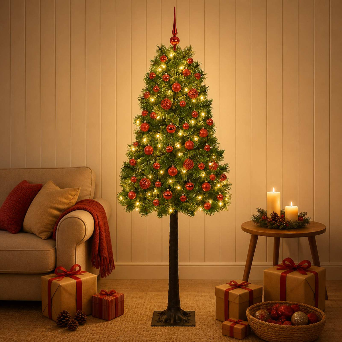 Artificial Hinged Christmas Tree with Baubles 150 LEDs Green 120 cm with LEDs & red balls