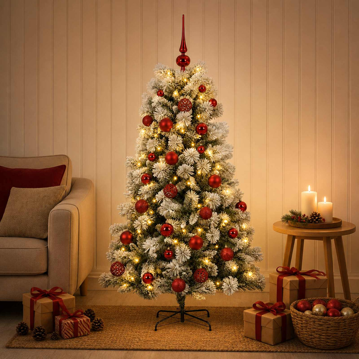 vidaXL Artificial Hinged Christmas Tree with Baubles 150 LEDs Green and white