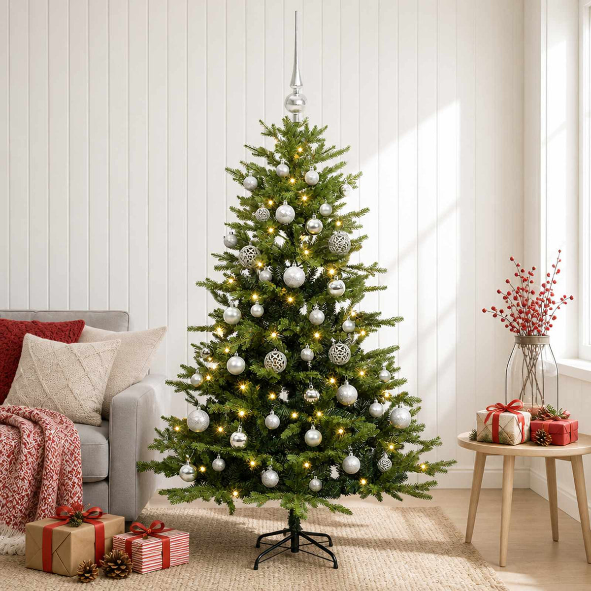 Artificial Christmas Tree with Bauble 150 LEDs Green Height 120 cm with LEDs & silver balls