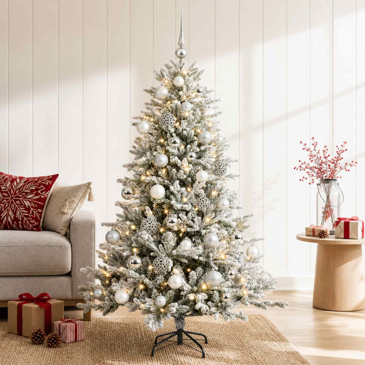 Artificial Christmas Tree with Bauble 150 LEDs Green and White 120 cm with LEDs & silver balls