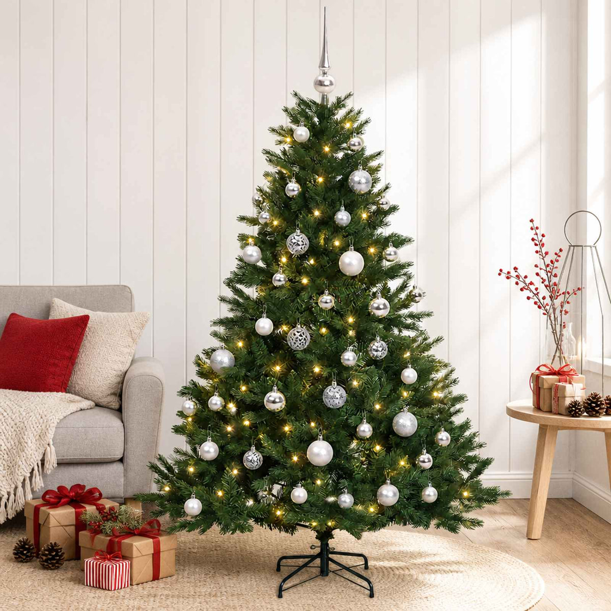 Artificial Christmas Tree with Bauble 150 LEDs Green with LEDs & silver balls