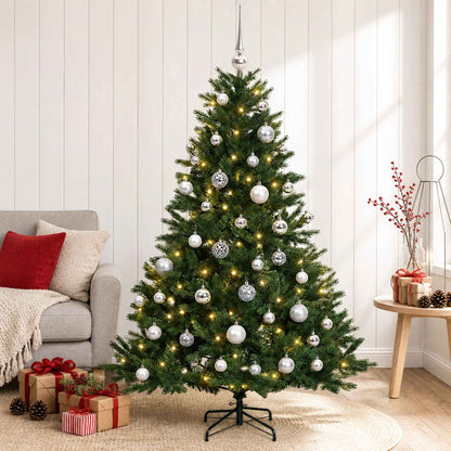 Artificial Christmas Tree with Bauble 150 LEDs Green with LEDs & silver balls