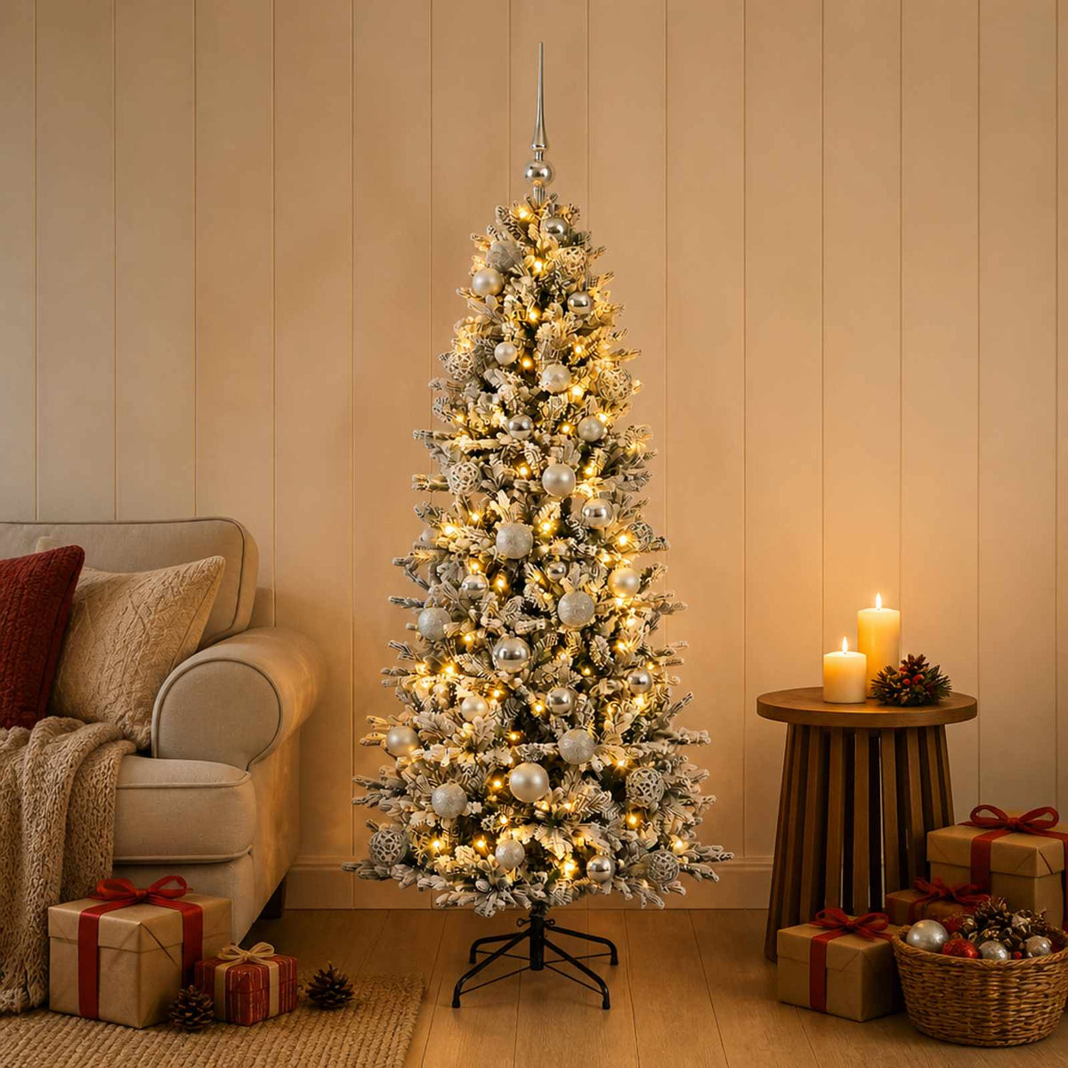 Artificial Christmas Tree with Bauble 150 LEDs Green and White Height 120 cm with LEDs & silver balls