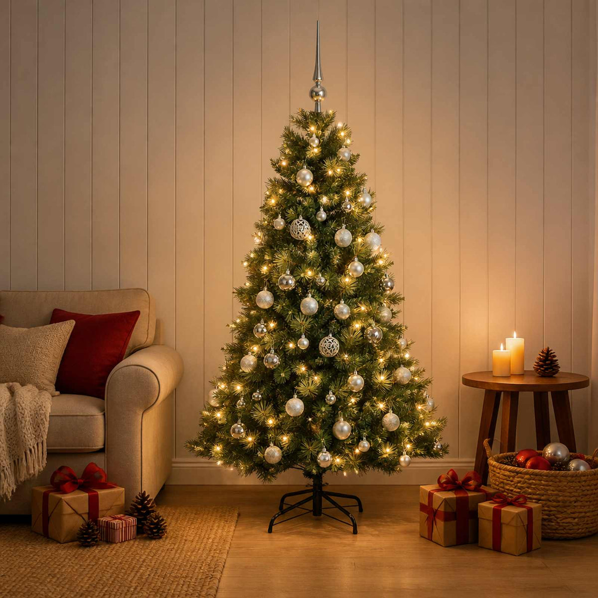 Artificial Christmas Tree with Bauble 150 LEDs Green with LEDs & silver balls