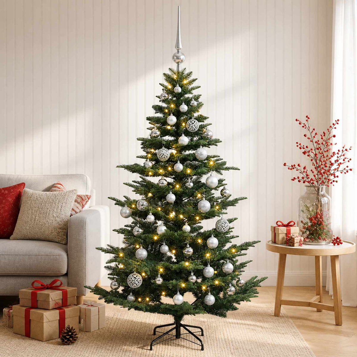 Artificial Christmas Tree with Bauble 150 LEDs Green Height 120 cm with LEDs & silver balls