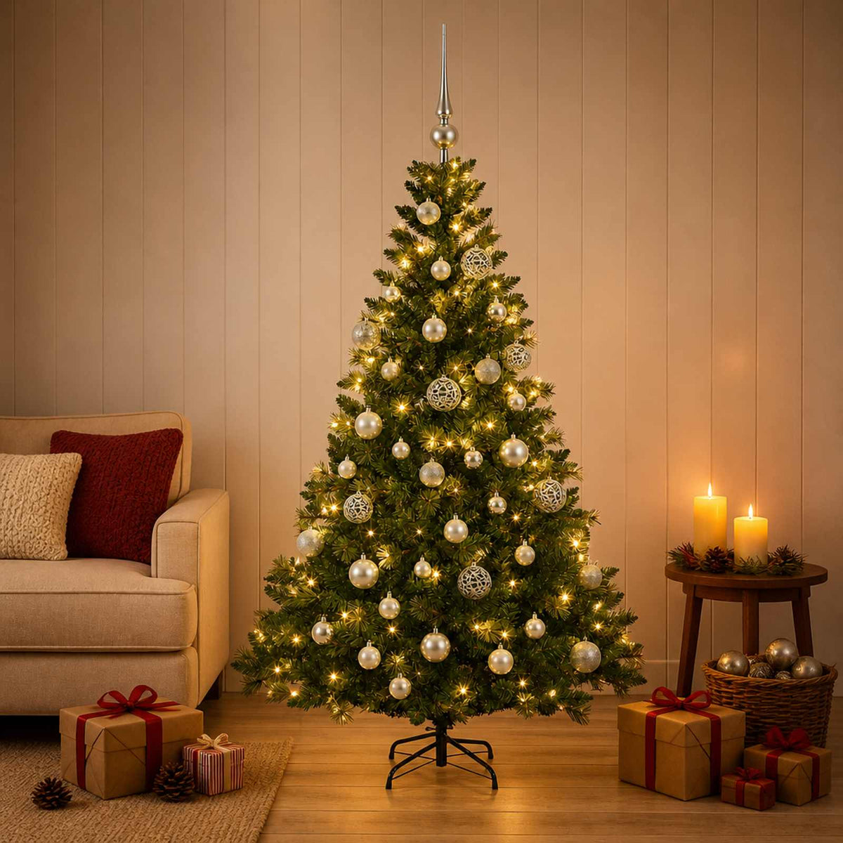 Artificial Christmas Tree with Bauble 150 LEDs Green with LEDs & silver balls