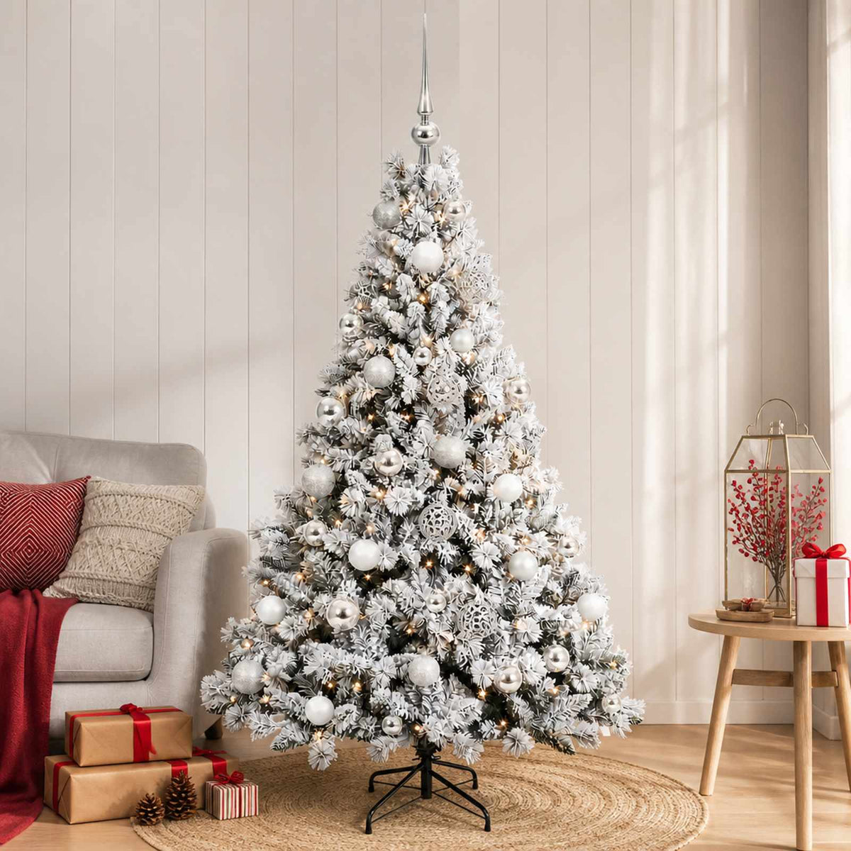 Artificial Christmas Tree with Bauble 150 LEDs Green and White with LEDs & silver balls