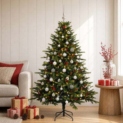 Artificial Christmas Tree with Bauble 150 LEDs Green 150 cm with LEDs & silver balls