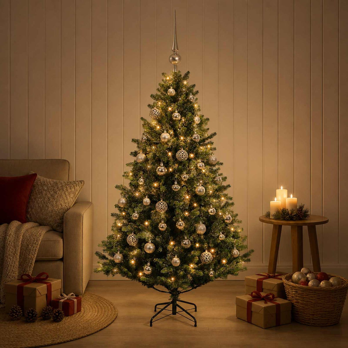 Artificial Christmas Tree with Bauble 150 LEDs Green 120 cm with LEDs & silver balls